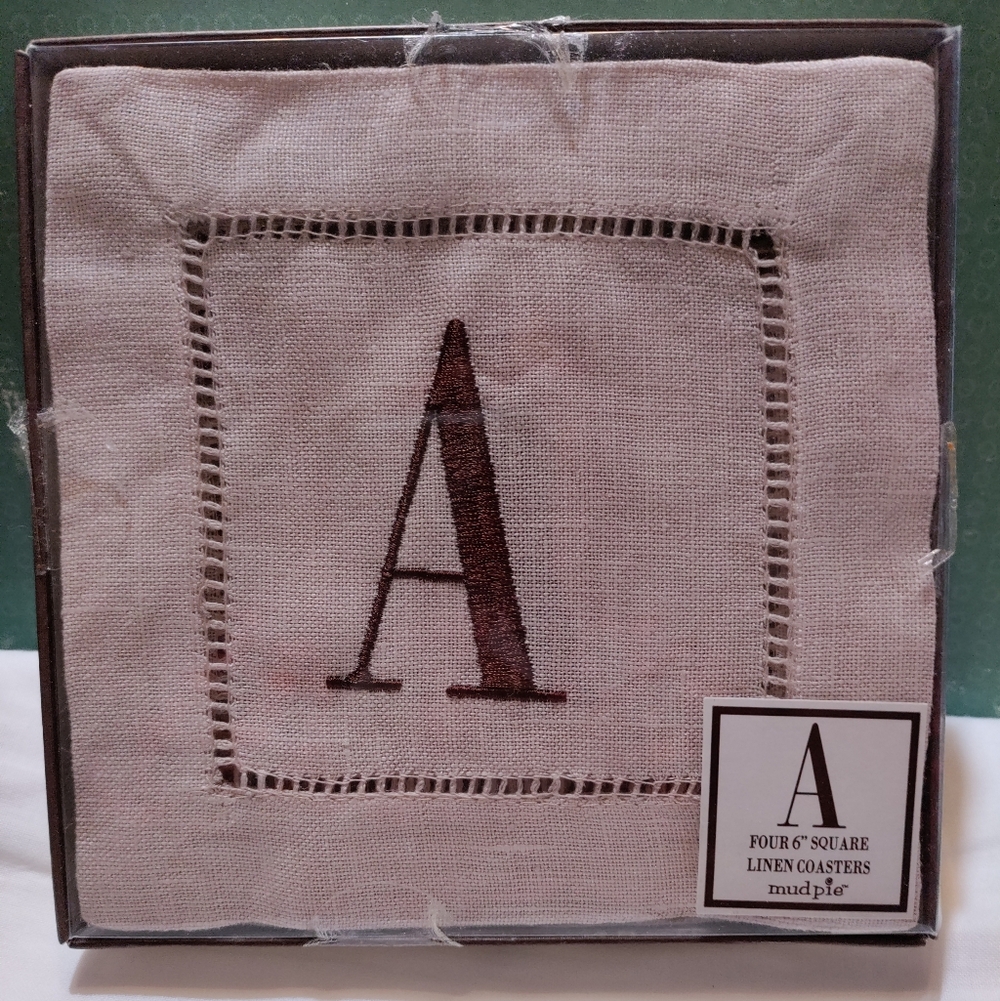Mud Pie Linen Coasters with Monogram - Brown and Cream Letter A New In Box